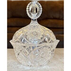 Large VTG HOFBAUER Style German Cut Crystal Lidded Candy Dish West Germany 1950s
